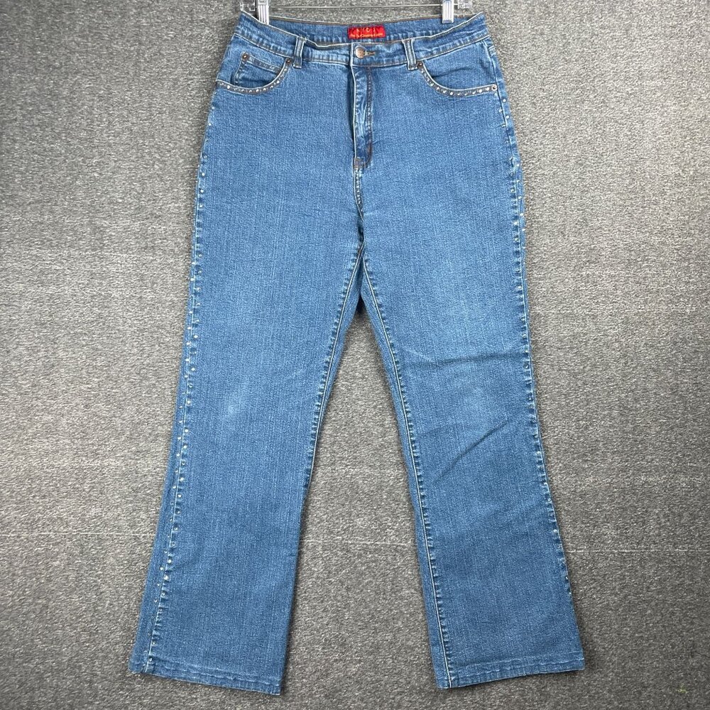 NYDJ Jeans Womens Size 14 Blue Studded Straight Leg High Rise 28 Inseam Stretch